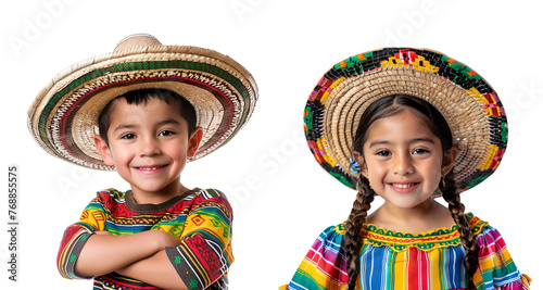 Set of children, a Mexican boy and girl in traditional clothes and hats, celebrating Cinco de Mayo, Isolated on Transparent Background, PNG