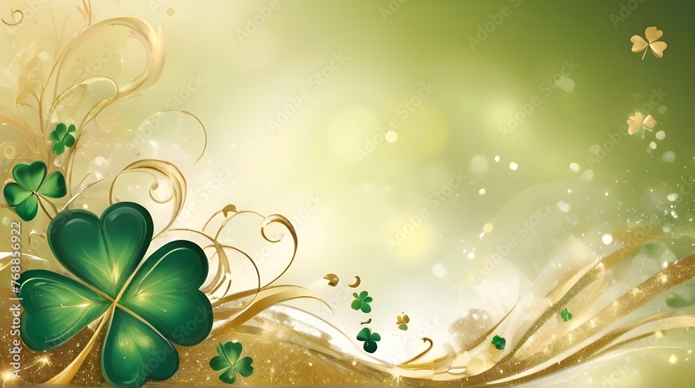 Emerald and gold abstract pattern sparkles with sparkling magic and is accented with delicate shamrocks, leaving plenty of room for your holiday message. St. Patrick's Day concept poster background. 
