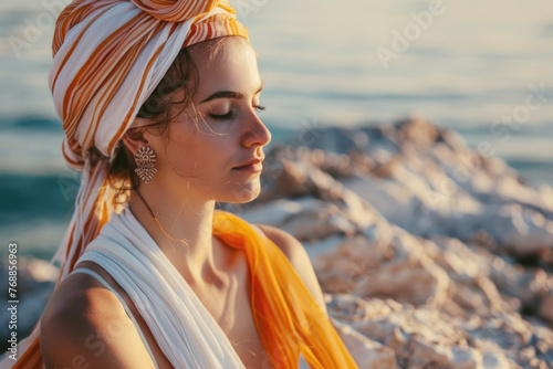 Beautiful young woman sitting on the beach mediating photo