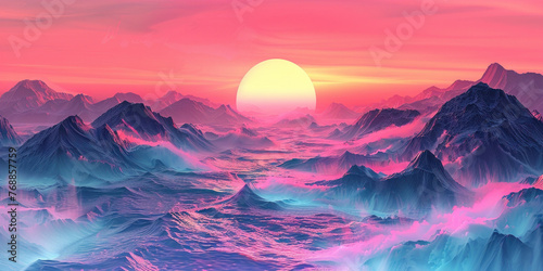 Vibrant sunset over tranquil mountain range with reflective water in foreground and majestic peaks in background