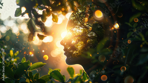 Silhouette of woman head with leaves of trees on her brain. Concept of earth day, enviromental issues, ecology, green world, clean future. Copy space for text, advertising. 