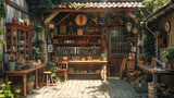 A quaint garden workshop with an array of vintage tools and plants in a cozy setting.