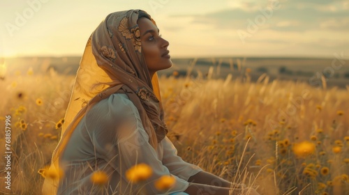 joyful Reflection: As Aisha gazes out across the field, her heart swells with gratitude for the simple pleasures of life. 