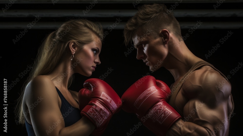 Partnered Performance: Across the ring stands her sparring partner, Alex, a seasoned boxer with muscles rippling beneath his shirt