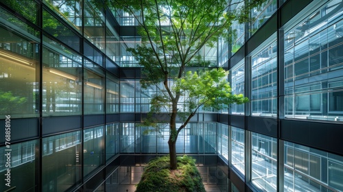 Nature's Contribution: Amidst the sleek lines of glass and steel, a towering tree stands as a symbol of the building's commitment to reducing carbon