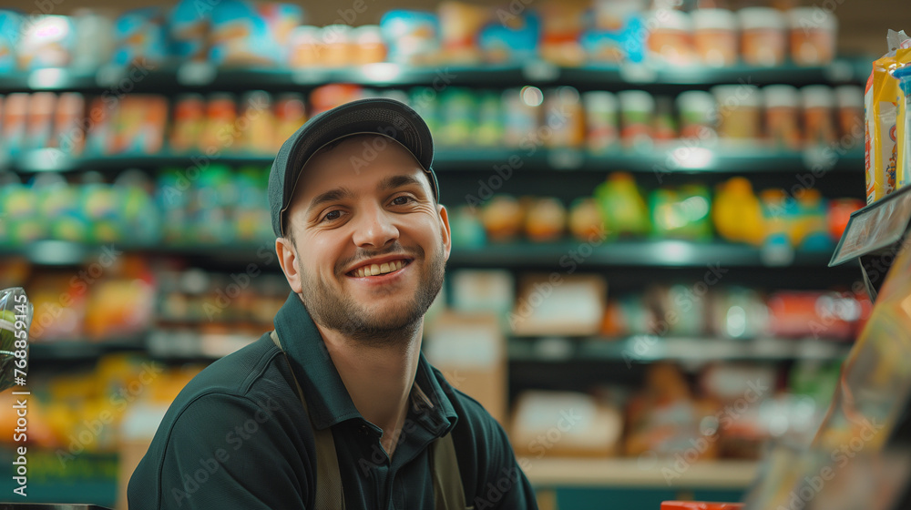 portrait of a smiling person working in a grocery store, smiling worker concept of job satisfaction
