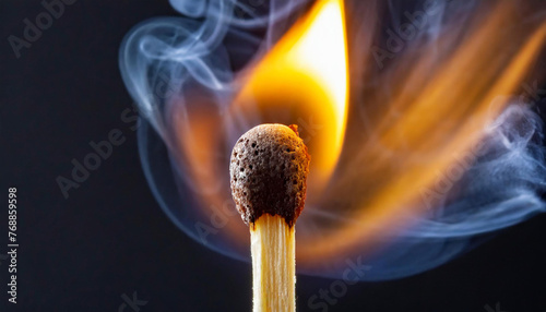 Close-up of burning wooden match on black background. Match head with hot orange flame and smoke.