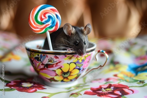 mouse inside a teacup with lollipop handle peeking out