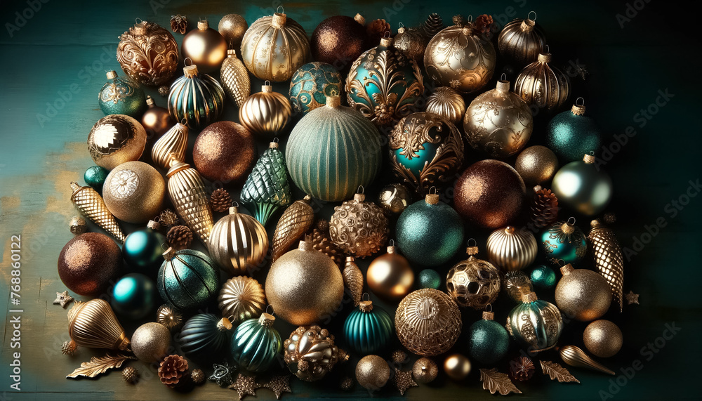 Diverse Array of Christmas Ornaments in Glittering Display Diverse Array of Christmas Ornaments in Glittering Display