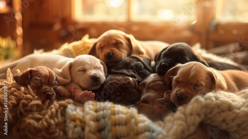 Relaxed litter of puppies of various colors sleeping soundly on a bulky knitted blanket, capturing the essence of contentment photo