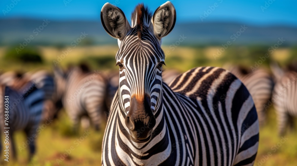 Fototapeta premium Zebras standing together in a sunny field