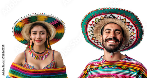Cinco de Mayo set featuring Mexican man and woman in traditional clothes and Mexican hat, Isolated on Transparent Background, PNG
