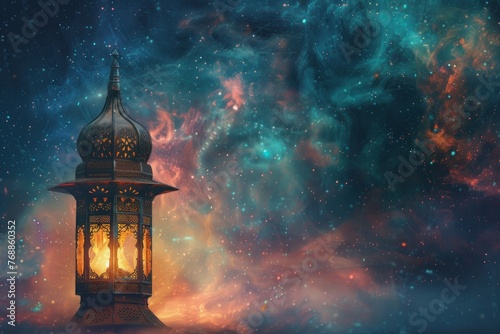 Arabic lantern at night on the background of the starry sky. 