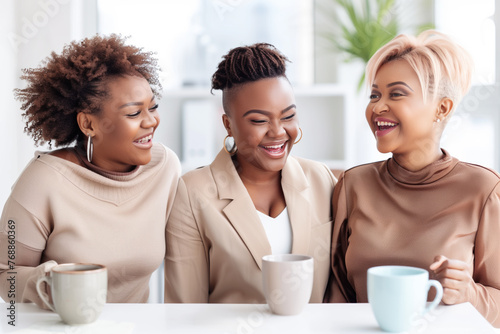 A trio of cheerful plump plus-size women chat happily while having coffee at the workplace, dressed in elegant outfits in a well-lit modern indoor office.