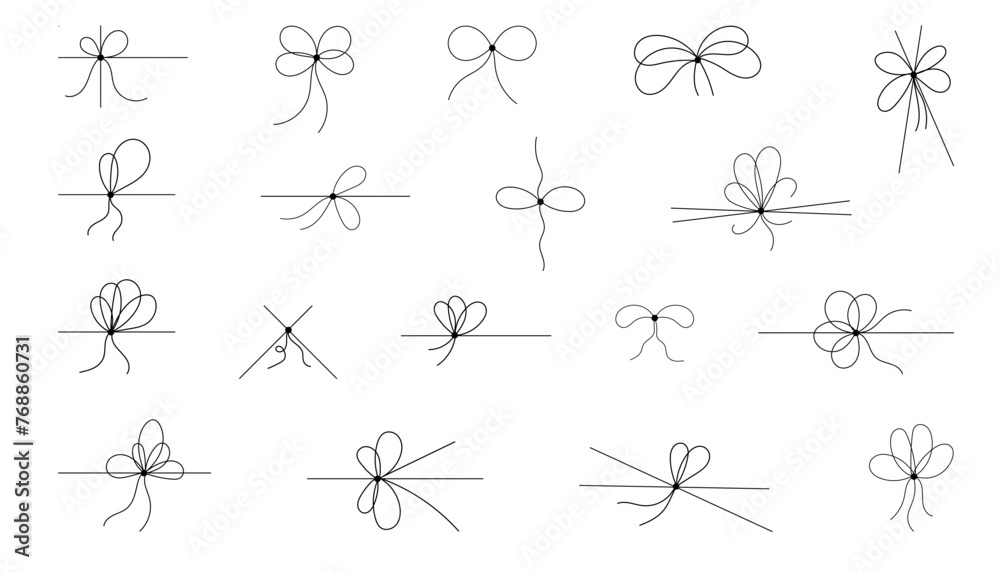 Set of Bows and Simple Line Ribbon. Bow on String collection, lines and corners decoration design. Bowknot for package or letter, planner diary decent. Vector illustration isolated on white - obrazy, fototapety, plakaty 
