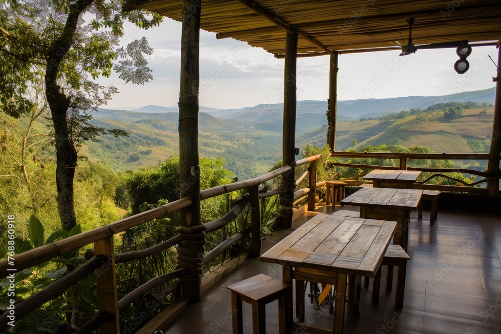 Fototapeta premium mountain lodge veranda with wood tables, scenic view