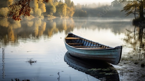 Peaceful scenery of lake and old fashioned rowboat