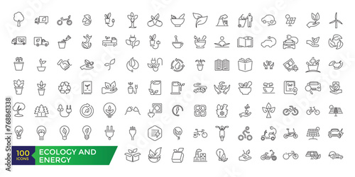 Ecology and energy icon. Eco friendly related thin line icon set in minimal style. Linear ecology icons. Environmental sustainability simple icon.