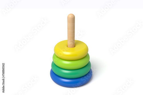 Minimal wooden toy pyramid with three rings