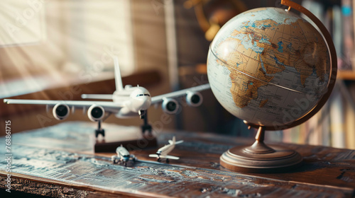 Desk with Globe and Airplane Model Symbolizing Global Learning and Travel