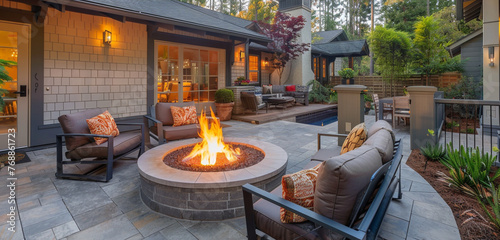 A peaceful patio for nighttime gatherings in a Craftsman-style home, featuring a fire pit encircled by cozy seating