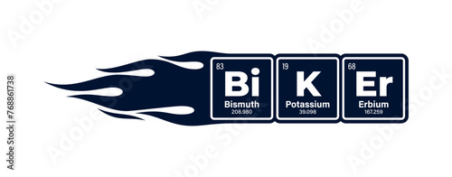 Vector text BIKER composed of individual elements of the periodic table with flames. Isolated on white background