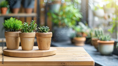 Fresh potted plants arranged on a wooden table indoors
