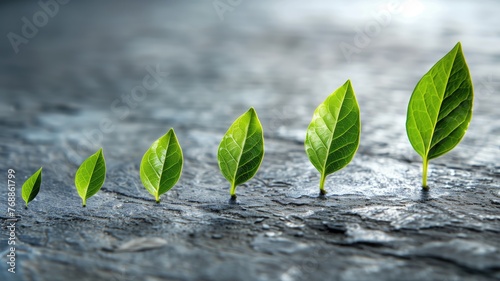 Conceptual growth with green leaves in a row on dark background