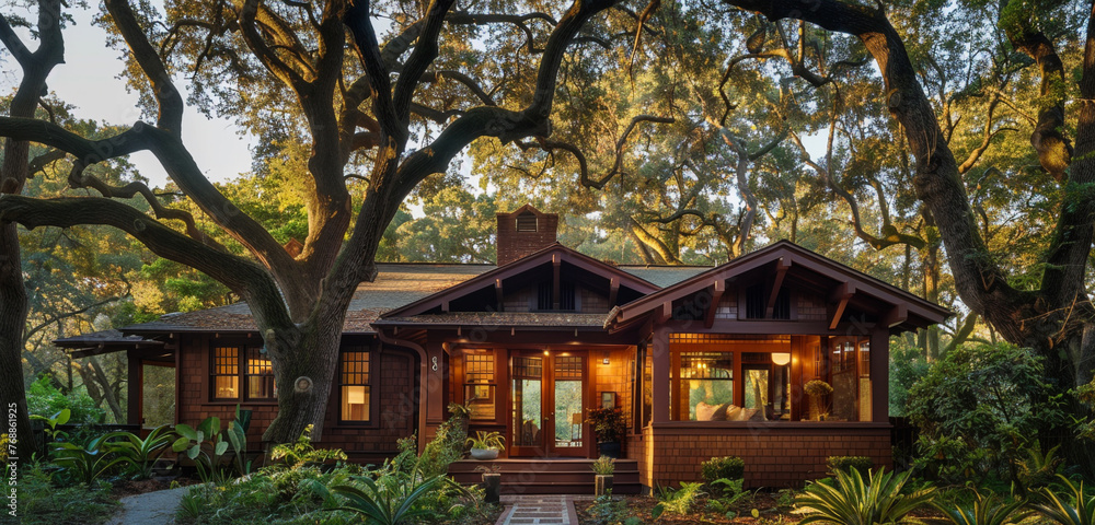 A quaint Craftsman-style home nestled amidst towering oak trees, its warm wooden exterior glowing in the afternoon sunlight