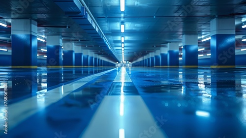 Empty parking garage with vivid blue lines and reflective floor