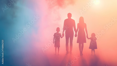 Family holding hands against a sunset, creating silhouettes in a dreamy atmosphere