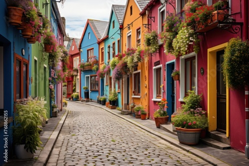 Colorful Houses Lining Cobbled Street Generative AI