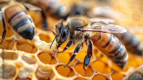 Close view of honeybees on bright honeycomb cells