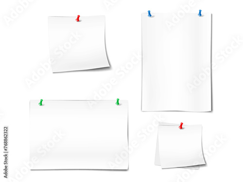 Blank white paper sheet attached to wall with push pin. Mock-up set. Memo reminder poster with pushpin. Vector mockup