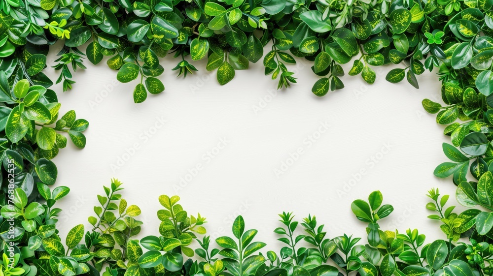 Naklejka premium Lush green leaves create a vibrant border around a blank white canvas