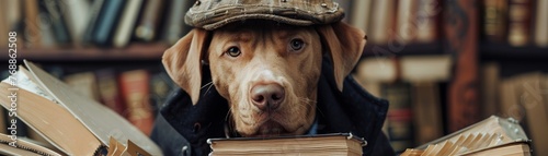 Dog in a detective outfit next to a pile of mystery novels