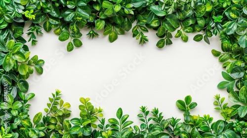 Lush green leaves create a vibrant border around a blank white canvas