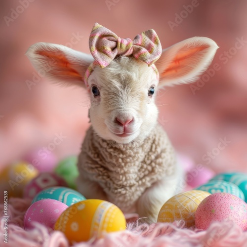 Baby Lamb with Easter Eggs. AI Generative © MendyZa