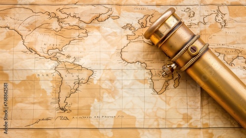 Antique brass telescope atop a faded world map