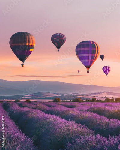 Hot air balloons drifting over a lavender field at dawn with soft sunlight