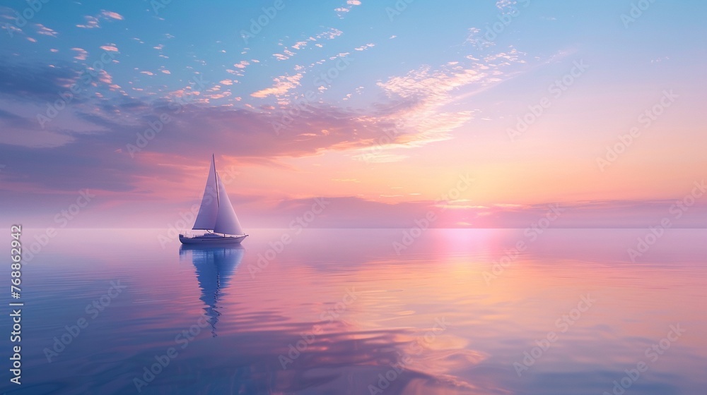 Lone sailboat on a tranquil ocean at dawn
