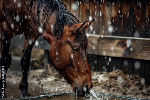horse drinking from rainfilled trough on farm © studioworkstock