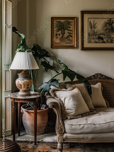 A large French country living room with a vintage sofa, potted plant and an antique lamp on a side table, painted walls, vintage framed artwork in the style of various artists, tropical plants.