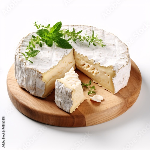 a round white cheese with a cut piece on a wooden board