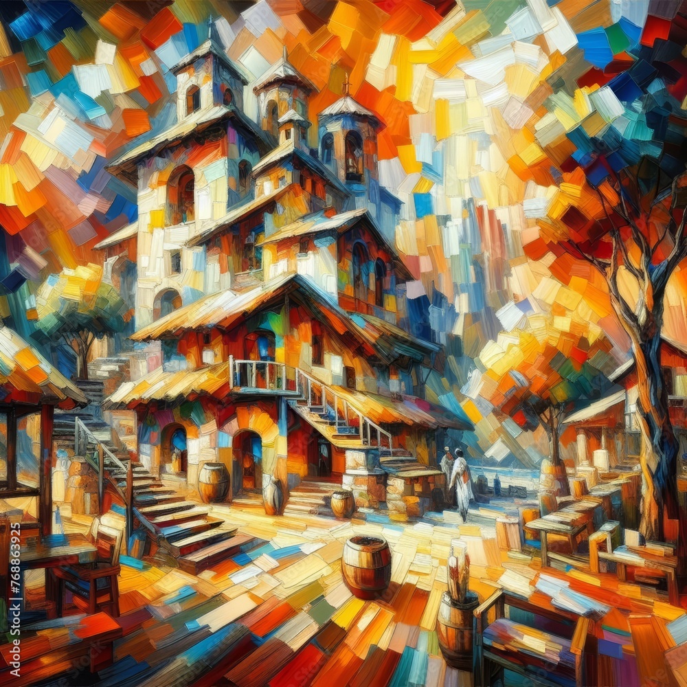 Vibrant Medieval Village Scene with Towering Architecture and Bustling Activity