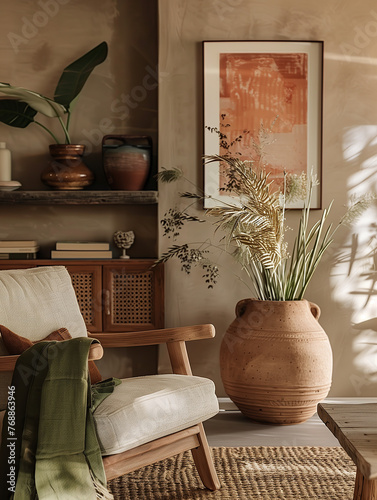 A bohoinspired living room with terracotta vases, wooden shelves filled with art and books, a white armchair, a soft green throw blanket on the chair, plants in modern vase, sunlight casting shadows, photo