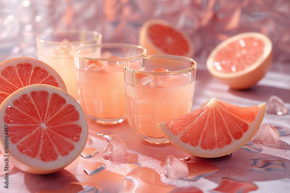 Sunlit glasses of grapefruit juice with ice, accompanied by halved and sliced fruits on a reflective surface Sunlit glasses of grapefruit juice with ice, accompanied by halved and sliced fruits on a reflective surface