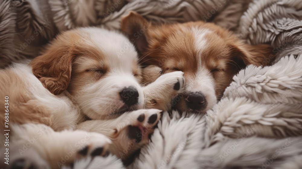Capturing a tender moment of two puppies asleep, with their noses touching, wrapped in a soft, cozy blanket