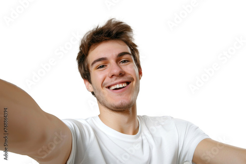 Portrait of beautiful handsome man taking selfie posing with smile and attractive focus look, isolated on transparent png background.