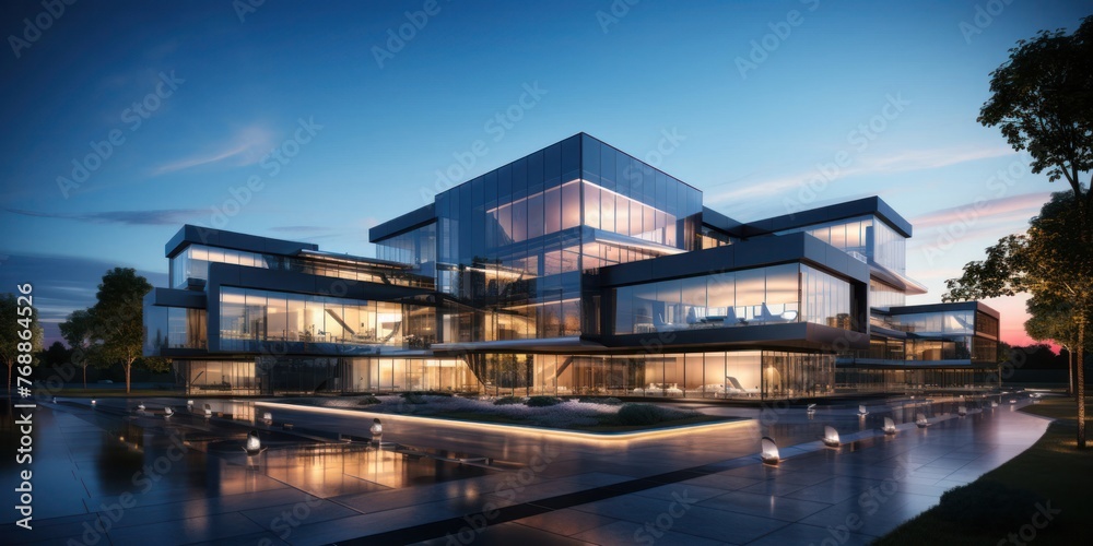 Modern Office Building With Many Windows Alongside a Water Body Generative AI Modern Office Building With Many Windows Alongside a Water Body Generative AI